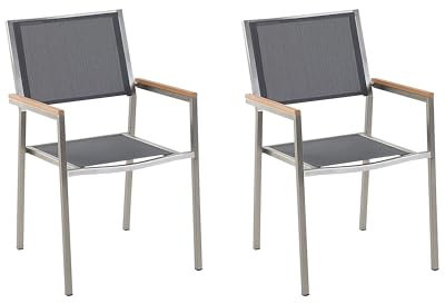 Beliani Gartenstuhl mit Armlehnen 2er Set Edelstahl Stoffbezug grau stapelbar Grosseto