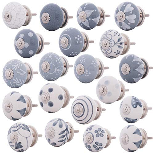 Knober 20 X Stück Set | Weiß und Grau | | Montur aus Edestahl | Möbelknöpfe 40mm Knauf | Türgriff Gewinde metrisch M3 | handbemalt | Set 01