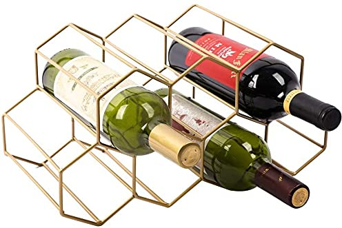Urban Deco Small Gold Wine Rack 9 Bottle Holder - No Need Assembly Modern Metal Wire Wine Storage for 750 ml Bottles on Countertop Table Top Coffee Bar Kitchen