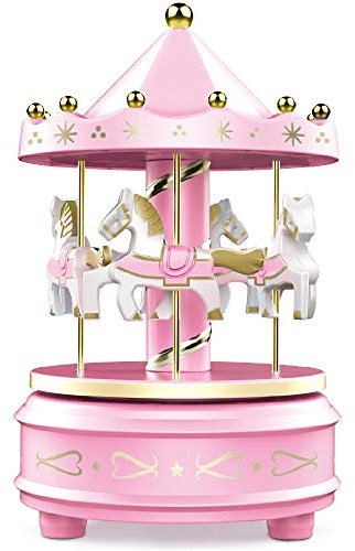 WEofferwhatYOUwant Karussell Spieluhr Rosa - Klassisches Pferde Karussell mit bunten LED Lichtern - Spielt Beethovens Für Elise - Einfaches Aufziehen Lange Spieldauer - Tortendeko Geburtstag