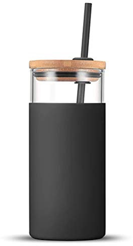 Yumira Vaso de cristal con pajita y tapa, botella de agua de cristal transparente de 500 ml, ideal para café helado, agua, batidos