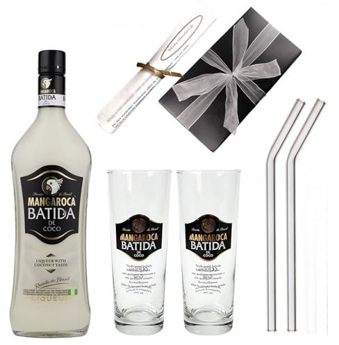 Batida De Coco brasilianischer Kokosnusslikör mit 2 Original Gläser und 2 Glastrinkhalme im Geschenkkarton Frauengeschenke Geschenkset Likör