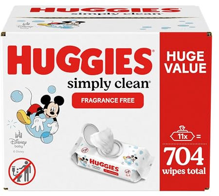Huggies Simply Clean Unscented Baby Wipes, 11 Flip Lid Packs (704 Wipes Total)