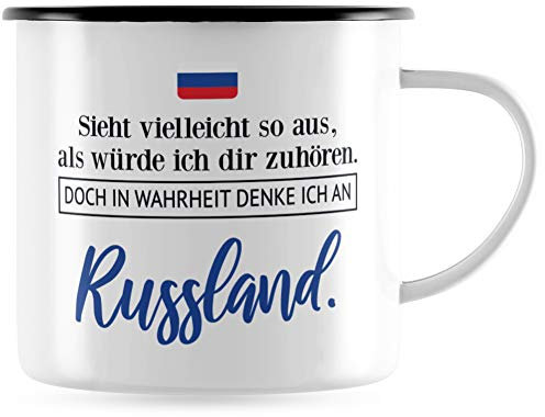 JUNIWORDS Emaille-Tasse, Sieht vielleicht so aus, als würde ich dir zuhören. Doch in Wahrheit denke ich an Russland (1001338), Schwarzer Tassenrand
