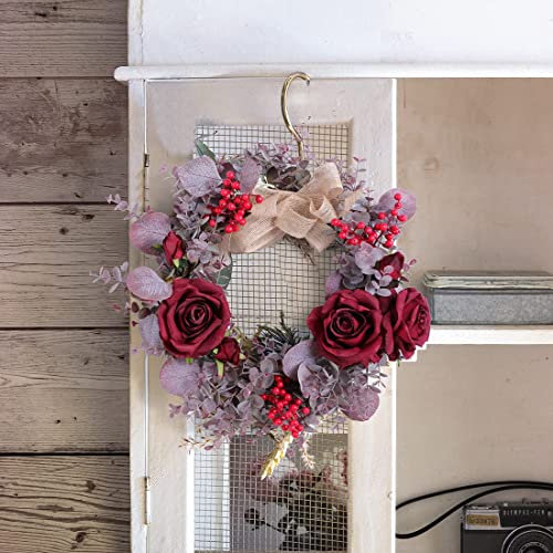 Rote Rosenkränze für Haustür, Blumenkranz mit Eukalyptusblättern und roten Beeren, 40,6 cm, künstlicher Kranz für Zuhause, Hochzeit, Dekoration, Bauernhaus-Dekoration