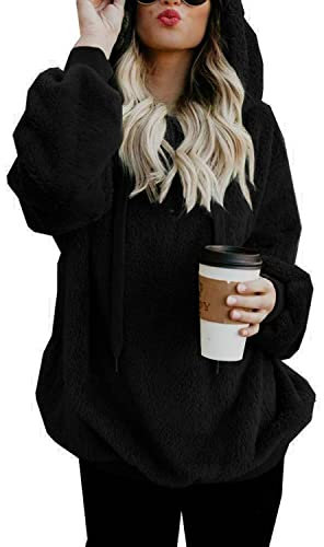 Hoodie Damen Oversize Fleecejacke Teddy Pullover Teddyjacke Pulli Teddy Fleece Sweatshirt Kapuzenpullover Kapuzenpulli Warm Langarm Lose Winter Tops Oberteile Casual mit Tasche (Schwarz, M)