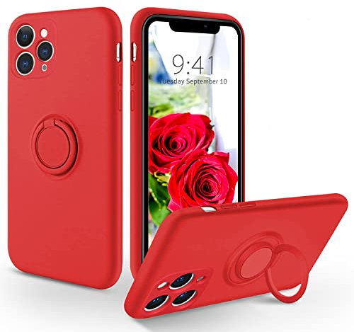 SouliGo iPhone 11 Pro Max Case Silicone Gel 360° Ring Holder Kickstand for Magnetic Car Mount Slim Soft Rubber Anti-Scratch Protective Shockproof Phone Cases for iPhone 11 Max 6.5 - Red