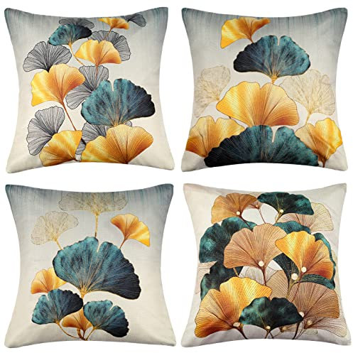 ETOLISHOP Kissenbezug 40x40 Kissenbezüge Türkis Gold Grün Ginkgo Biloba Muster Kissenbezugen Leinen Deko Kissenhülle für Sofa Auto Schlafzimmer Wohnzimmer Garten Outdoor Kissen Couchkissen 4er Set