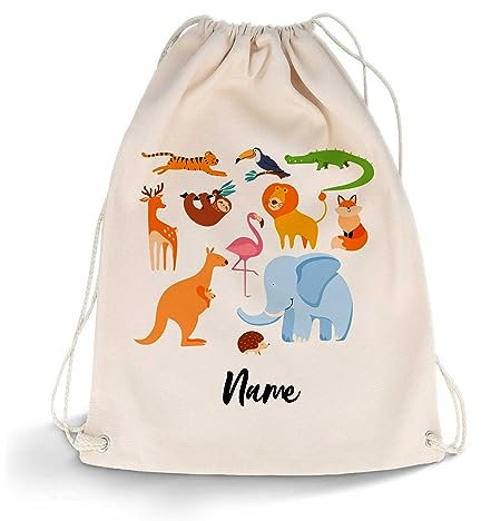 GRAVURZEILE Bedruckter Turnbeutel - Zootiere Design & Wunschname - Sportbeutel Rucksack Daypack Gymbag mit Kordelzug - für Schule & Freizeit Sport - für Jungen & Mädchen - 12 Liter 33x45 cm