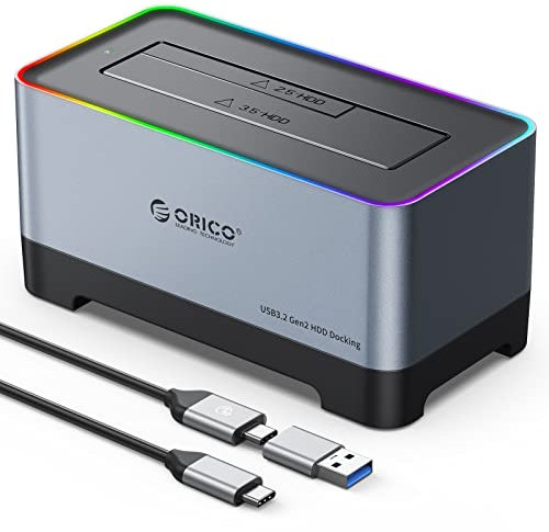ORICO RGB Aluminum USB C Hard Drive Docking Station, USB 3.2 Gen 2 (Real 6 Gbps) Hard Drive Adapter with UASP for SATA 2.5 or 3.5 Inch HDD with 12V 2A Power Supply, 18TB Support, Gray (5818C3)