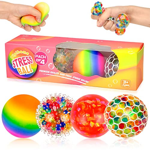 Pipihome Stressball, 4 Stück Anti Stress Bälle, Bunte Quetschball Antistressball mit Wasse Perlen für Dekompression, Sensorischer Ball Fidget Spielzeug für Kinder und Erwachsene