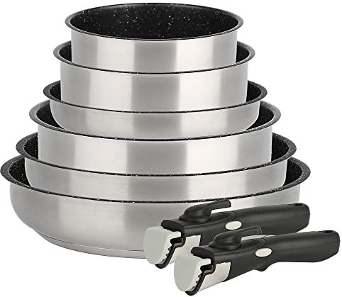 Kamberg - Set Lot Batterie de cuisine inox 6 pièces - Acier inoxydable - Revêtement pierre - Tous Feux dont Induction - Manche Amovible - Sans PFOA - 0008136, Gris