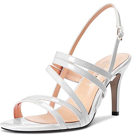 Castamere Donna Medio Tacco Heel Aperte sulla Punta Slingback Sandali Cinturino alla Caviglia Sexy da Matrimonio Feste 8.5 CM Heels Bianco Verniciata 39 EU