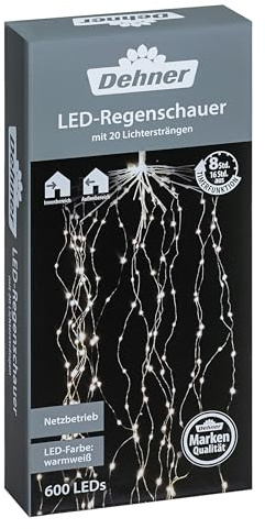 Dehner LED Girlande Regenschauer, 600 LEDs, warmweiß, mit 8h-Timer, Ø 40cm, Länge 300 cm, Leistung 6 W, Schutzart IP44