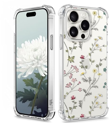 XIMIZU Clear Case for iPhone 15 Pro Women Floral, Shockproof Protective Cover Aesthetic Flower Design for Girls Lady,Soft TPU Anti-Scratch Phone Cases for iPhone 15 Pro