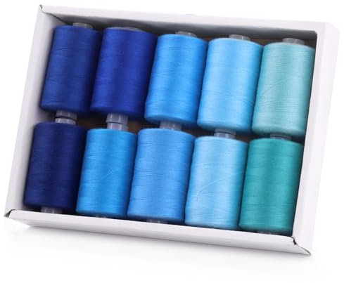 Tanstic 10Pcs Sewing Thread, 10 Colors 1093 Yards(1000M) Per Spool Polyester Thread Sewing Threads for Sewing Machine, Hand Sewing - Blue Color Tones