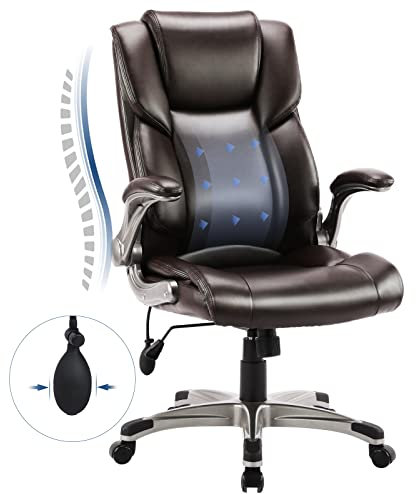 COLAMY High Back Executive Office Chair- Ergonomic Home Computer Desk Leather Chair with Padded Flip-up Arms, Adjustable Tilt Lock, Swivel Rolling Chair for Adult Working Study, Brown