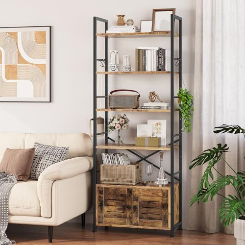 YITAHOME Estantería de 5 Niveles, Librería Industrial con Puertas, estantería de pie con 4 Ganchos, Estante de Madera con Marco de Metal para Sala de Estar, hogar y Oficina, Marrón Rústico