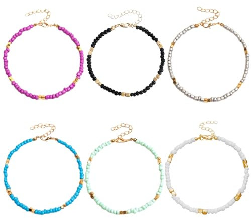 VODAFQS 6 Pièces Bracelets de Cheville Perlés Faits à la Main, Perles de Verre de Bohème Colorées Bracelets de Cheville Chaîne Réglable