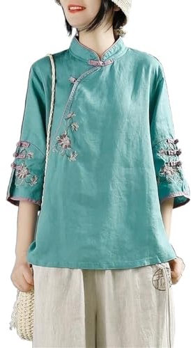 Style Chinois Rétro Coton Lin Haut Femmes Grande Taille Coupe Ample Chemise Exquise Broderie Traditionnelle Hanfu Blouse (Color : Green, Size : 4XL)