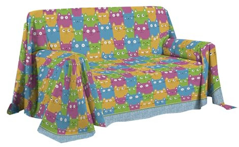 PENSIERI DELICATI Sofaüberwurf 250 x 290 cm, hergestellt in Italien, Überwurf aus 100% Reiner Baumwolle, Muster Happycat, Mehrfarbig, ideal als Überwurf oder Tagesdecke für den Sommer (Doppelbett)