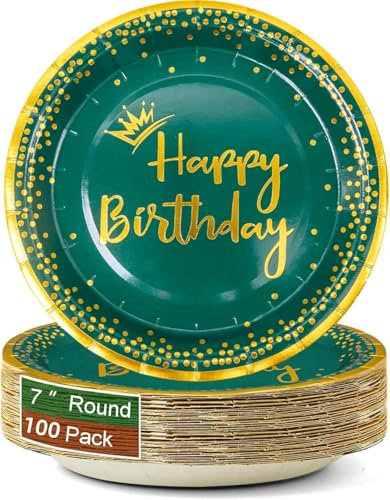 ASMIZ 100 pcs Green Birthday Party Plates, 18 cm Disposable Paper Dessert Plates Party Supplies Cake Plate Gold Foil Polka Dots Dinner Plate for Kid Happy Birthday Celebrations
