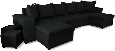 NAWSTOL Eckcouch in U-Form mit Schlaffunktion und Bettkäste - Ecksofa U für das Wohnzimmer - Schlafsofa - Couch (Schwarz)