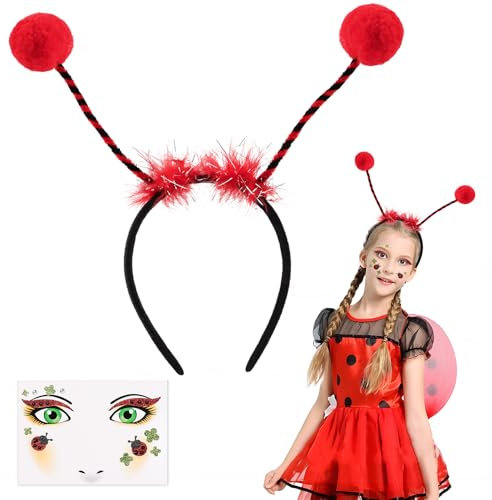 GEBETTER Marienkäfer Haarreif mit Bommeln + 1 Set Marienkäfer Gesicht Tattoos Kostüm Mädchen Kinder Ladybug Kopfschmuck Party Accessoires Stirnband Haarband für Karneval Fasching Halloween