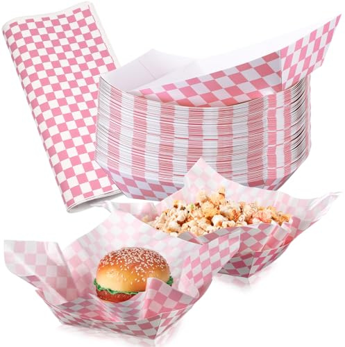 Geosar Lot de 100 plateaux alimentaires jetables en papier avec feuille de papier ciré à carreaux pour carnaval, pique-nique, fête d'anniversaire (rose)