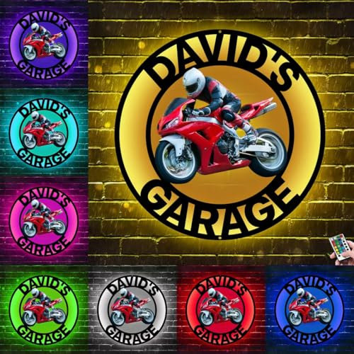 Luci da parete personalizzate per moto David'S Garage, luci a LED da parete, nomi e foto personalizzate, decorazione da parete, regali per appassionati di moto, regali di compleanno e Natale (lampada