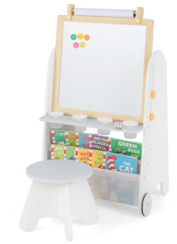 DREAMADE 4 in 1 Kinder Staffelei mit Hocker, Höhenverstellbar & Doppelseitiger Kindertafel mit Rollen, Papierrolle & Ablagefläche, Kinder Kunststaffelei Standtafel aus Holz