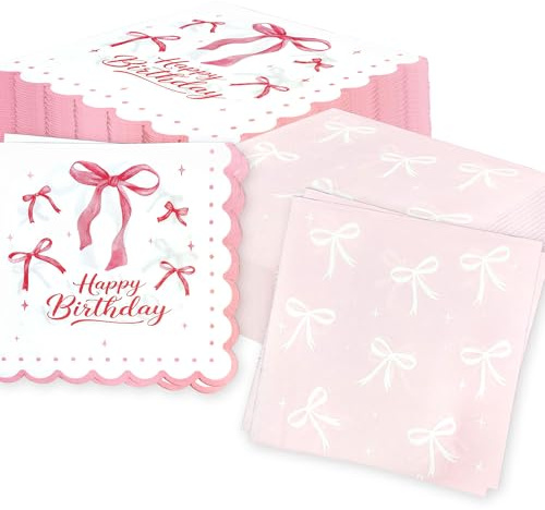 Rosa Schleife Geburtstag Servietten Coquette Geburtstag Dekorationen | 40 Pcs Rosa Schleife Geburtstag Servietten Coquette Geburtstag Dekorationen Für Coquette Bögen Party Favors Zubehör