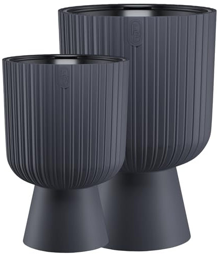 Blumentopf groß Set Ø 29 cm x 43 H und Ø 39 cm x 58 cm| Blumentöpfe mit geriffelter Struktur und stabilem Standfuß | Übertopf in moderner Optik | Blumentöpfe ideal für Innendekoration | Anthrazit