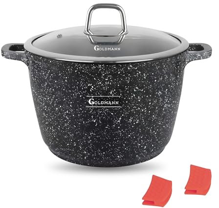 GOLDMANN 24 cm Aluguss-Kochtopf/Suppentopf (6.2L) mit Silikongriffen– Marmorierte Keramik-Antihaftbeschichtung, Hitzebeständiger Glasdeckel, Induktionsgeeignet, PFOA-frei, Elegant & Langlebig