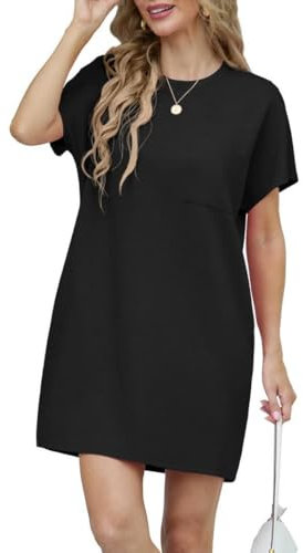 GRECERELLE Womens Summer Mini Dress 2025 Casual Soft Short Sleeve Wrinkle-Free Crew Neck T Shirt Shirt A Line Sundress Dresses with Pockets (Black, XL)