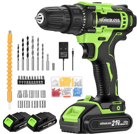 WorkBless WORKBLESS 21V Power Drill Set, Cordless Drill with Battery and Charger, 3/8'' Keyless Chuck, Variable Speed, 18+1 Torque Setting, Tool Set with 28pcs Bits(2 Batteries)