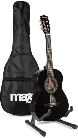 MAX SoloArt - Gitarre 3/4 Kindergitarre ab 6 Jahre, Junior Akustik Gitarre inkl. Gitarrenständer, Tasche, Plektrum, Gurt und Saiten-Zubehör, 3/4 Guitar Kinder ab 6 Jahren in Schwarz