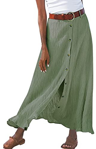 Jupe Mi-Longue Trapèze Femme Coton à Taille Élastique Décontractée Jupe Plissée Boutonnée sur Devant Jupes pour Printemps et été décontractée Ample Couleur Unie Jupes trapèze avec Poches Taille