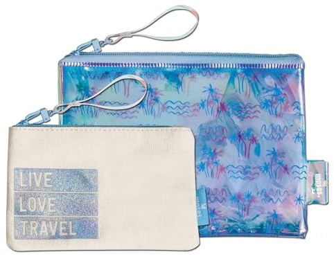 moses. Fernweh 2-er Taschen-Set Travel – transparent & Blickdicht, wasserabweisend, schillerndes Blau mit Holo-Effekt, praktische Reise-Organizer, PVC-freie Kosmetiktasche
