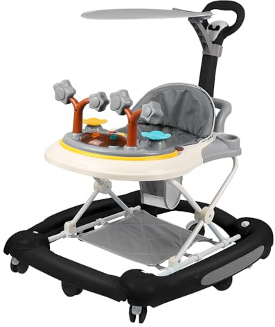 Homewell 3 in 1 Baby Lauflernwagen Klappbar, Höhenverstellbar, Laufwagen Baby mit abnehmbarer Spielstation & Schiebegriff & Sonnendach & Musik & Fußstütze, Lauflernhilfe, ab 6 Monaten (Schwarz)