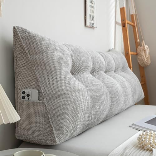 Samt Rückenkissen Bett, Groß Dreieckskissen Lesekissen für Bett und Sofa, Ergonomisch Rückenlehne mit Seitenfach und Waschbarem Bezug, Keilkissen Rückenpolster für Kopfteil,Light grey,50×50×20CM