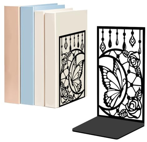 WADORN 1 Paire de Serre Livres Décoratifs en Métal Motif Lune Papillon et Rose pour Étagères Serre Livres Robustes et Antidérapants Support Moderne pour Livres Noir pour Bureau Étagère 13.5x11x20cm