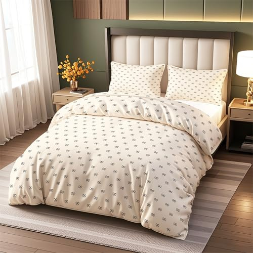 Vryxel Bow Reversible Bedding Single Duvet Cover Set Bed Zipper Beige 135×200CM