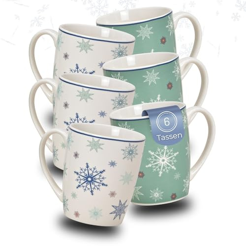 Bonito juego de 6 tazas de café de Navidad de 300 ml con motivos navideños en turquesa y blanco