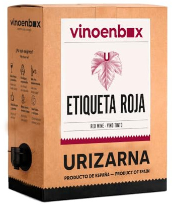 Vinoenbox – Vino Tinto Etiqueta Roja Bag in Box 5 Litros | Tempranillo intenso, goloso y toque de madera | Grifo antigoteo | Equivale a 7 bot.