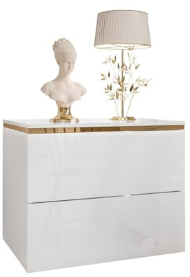 Lookway Nachttisch Aurora II Weiß Hochglanz mit LED Beleuchtung Hängend oder auf Goldenen Beinen Gold Dekorative Leiste Modernes Schlafzimmermöbel (Hängend)