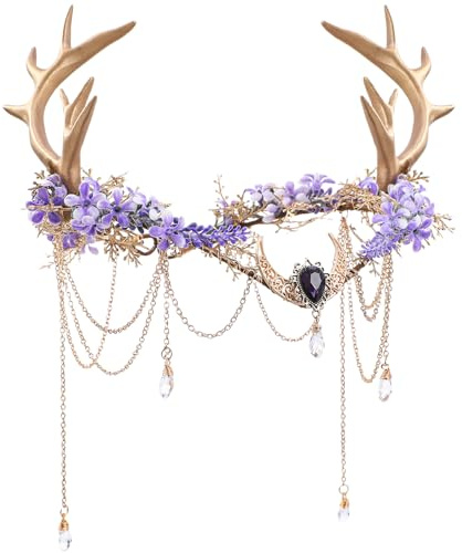 MOSTORY Geweih Blumenkranz für Reh Kostüm, Elfenkrone mit Quaste und Mond für Cosplay Faschingskostüme Damen