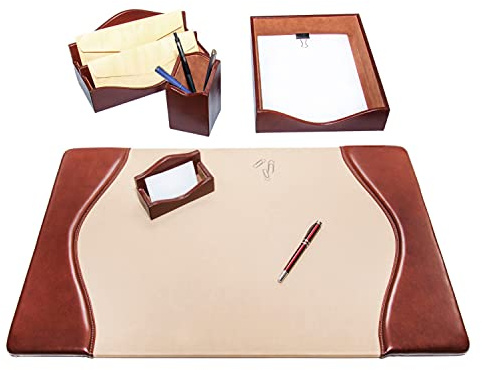 Schreibtischset 5-teilig – 100% vollnarbiges Leder – Von fachkundigen Handwerkern in Italien von Hand gearbeitet – Elegant und Funktional, ideal für das Büro - Braun
