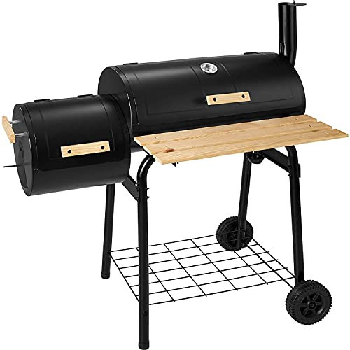 BillyOh Charcoal BBQ Grill with Smoker, Offset Steel Barrel Drum — Garden Barbecue with Wheels, Temperature Gauge, Side Shelf & Storage, Black Portable BBQ Charcoal Grill for Smoking and Grilling