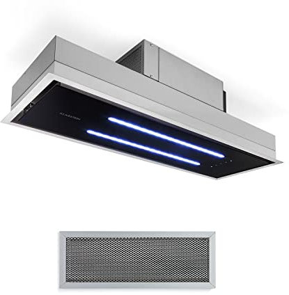 Klarstein High Line Campana extractora de techo - Campana bajo mueble o encastrable, Marco ancho 77 cm, Vidrio satinado, 75 W, 3 niveles potencia, Potencia extracción 410 m³/h, 2 luces led 4 W, Negro
